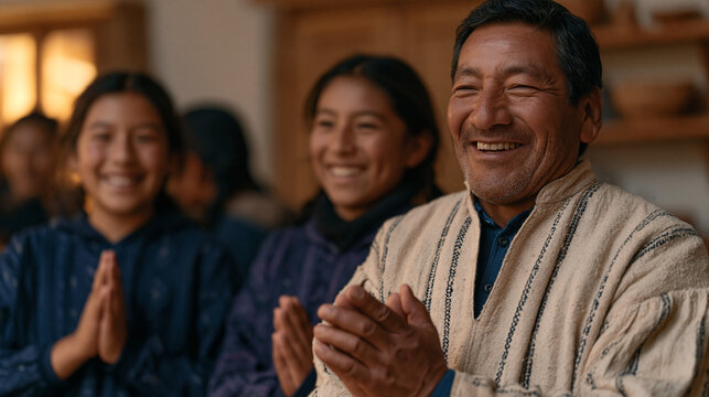 Two Peruvian grandchildren mime their grandfather's harvest festival hand gestures incorrectly while he watches with amused frustration in a crowded family kitchen,