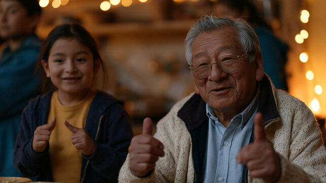 Two Peruvian grandchildren mime their grandfather's harvest festival hand gestures incorrectly while he watches with amused frustration in a crowded family kitchen,