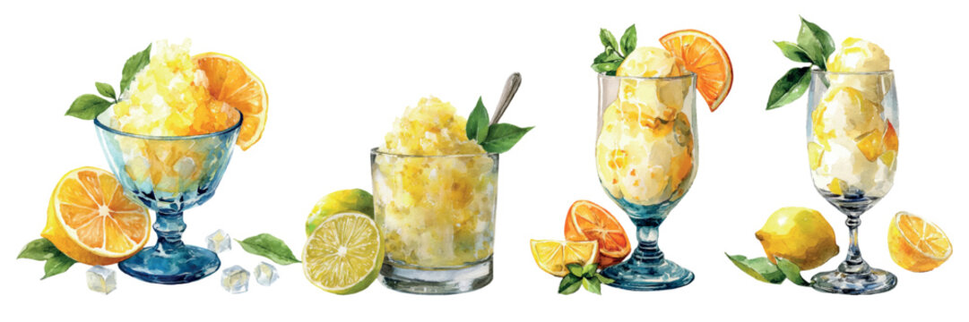 Refreshing watercolor citrus sorbets and granitas in glasses, featuring fresh lemons, vibrant oranges, and zesty limes, creating a cool and inviting summer dessert collection
