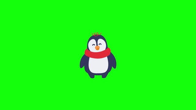 Cute chubby penguin with red scarf and curly red hair accessory, waddling gently with flippers swaying. Isolated on vivid green screen, seamless loop, crisp kawaii vector style.

