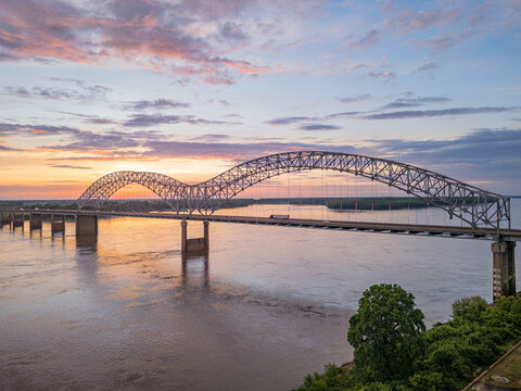 Sunset view of Hernando de Soto Bridge over Mississippi River