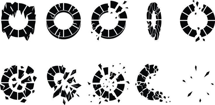 Abstract black circular explosion and fragmentation graphic elements on white background shatter break
