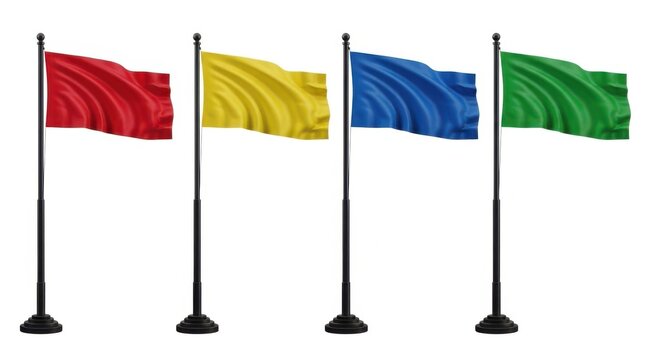 Four colorful waving flags isolated on white background