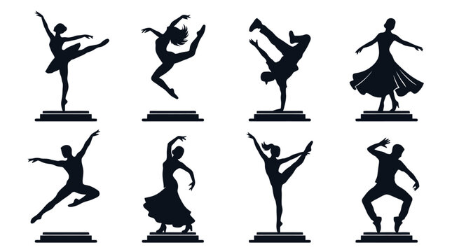 Silhouettes of dancers in various ballet poses.