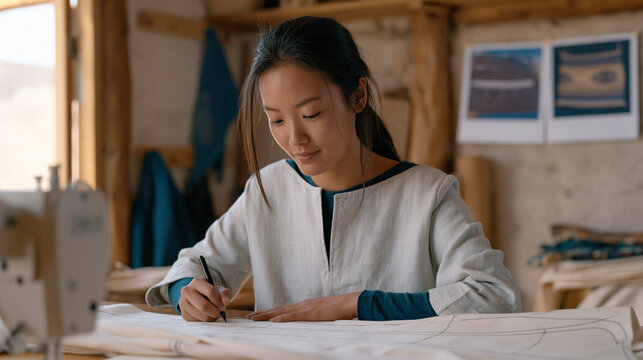 Japanese-Peruvian seamstress traces a Nikkei festival costume pattern onto fabric in a Lima workshop, reference photographs of Okinawan and Andean textile traditions pinned side