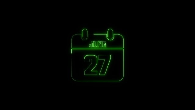 Neon image calendar icon showing date june twenty seven in green light with calendar schedule reminder management