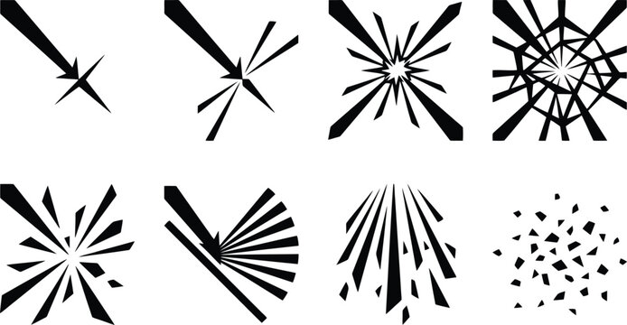 Abstract Black Silhouette Icons of Explosions and Shattering Effects break crack