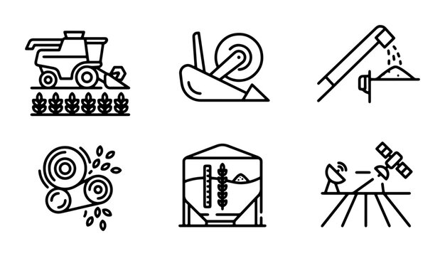 Agricultural Icons Set: Combine Harvester, Plow, Grain Auger, Seed Threshing, Silo, Satellite Farming Vector Graphics