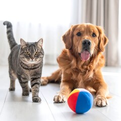 A golden retriever and a tabby cat beside a colorful ball