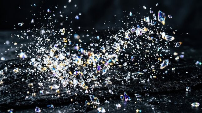 Sparkling crystal shards scattering across a dark, textured surface creating a dynamic, iridescent display of light and geometry