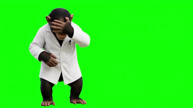Realistic 3D ANIMAL scientist in lab coat doing a facepalm, research error concept isolated on chroma key green screen background, Covering Face, Disappointment, Stress, Regret, Failure, Error