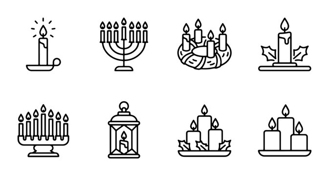 Holiday Candle Icons Set: Festive Illuminations, Winter Warmth, Celebration Lighting, Vector Graphics