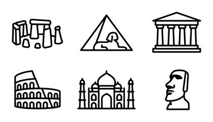 Fototapeta premium Iconic World Landmarks Collection, Ancient Architecture Symbols, Travel Destinations, Historical Monuments Vector Set