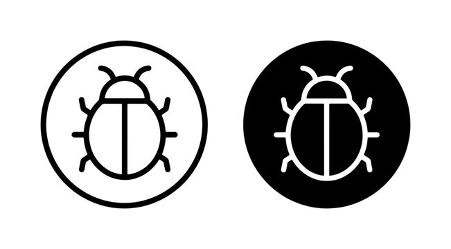 Bug Icon Set, Insect Symbol Vector, Technology Error Sign, Software Glitch Graphic, Simple Outline and Filled Circle Design
