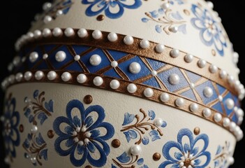 Obraz premium Ornate decorative egg featuring blue floral patterns and pearl embellishments on black background for luxury Easter holiday decoration.