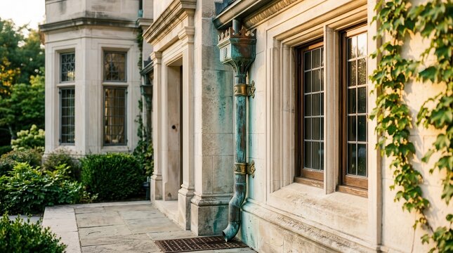 Weathered Copper Gutter System on a Historic Stone Building Facade