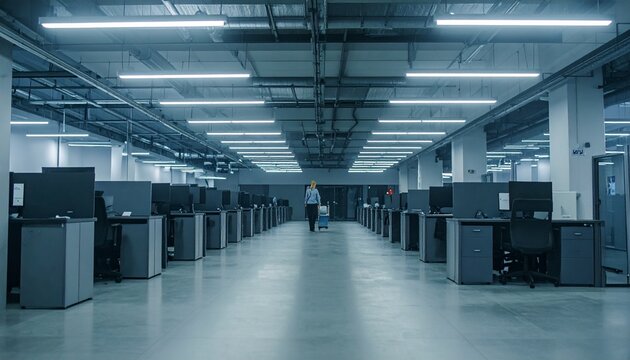 A person walks through a large, modern office space filled with rows of computers and desks, illuminated by bright overhead lights