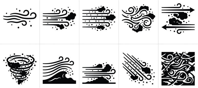 Collection of stylized black and white wind and weather icons with swirling lines and dots Keywords: wind, weather, storm, air, breeze, gust, tornado, hurricane, cyclone, tempest, atmospheric