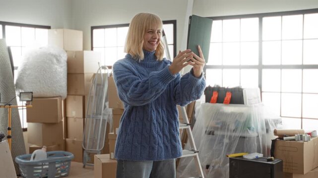 Woman holding tablet and smiling amid packed boxes and covered furniture in a building; hopeful new beginning.