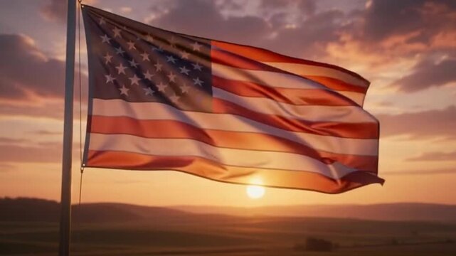 American Flag Waving Against Sunset Sky In Rural Landscape