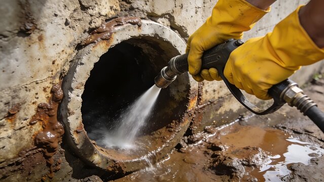 Worker wearing yellow protective gloves uses a high pressure water spray nozzle to clean dirt and debris from inside an old concrete sewer drainage pipe system