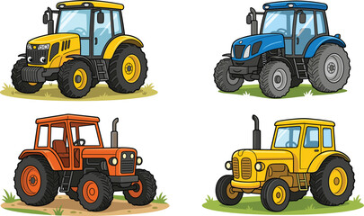 Cartoon tractors in yellow, blue, and orange colors with modern and vintage designs on grass patches for agriculture illustration © MdMenhajul