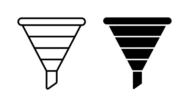 Funnel Icon Set, Simple Line Art and Solid Black Vector Graphics, Laboratory and Filtration Tools