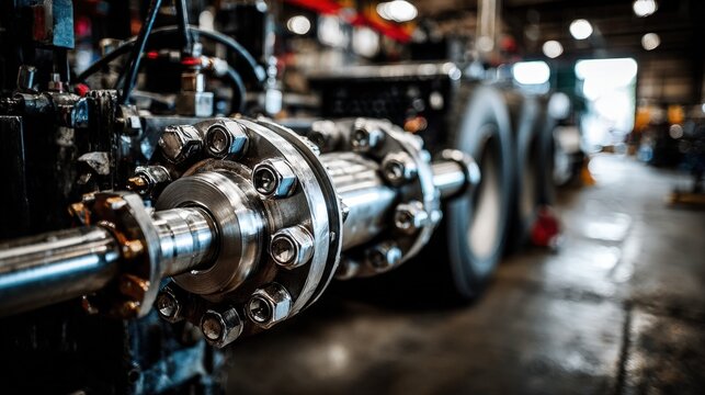 A detailed close-up of a semi-truck axle, showcasing its intricate pneumatic system in a mechanical workshop.