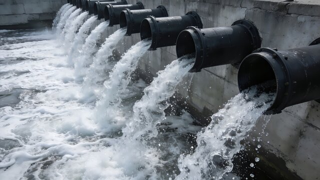 Multiple large black industrial pipes discharge high volumes of clear water into a concrete basin during a bright day showing powerful flow and heavy liquid movement