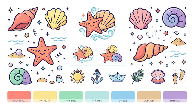 Cute Summer Beach Sea Shells and Starfish Vector Illustration Set