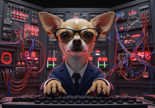Chihuahua IT Specialist in Suit and Glasses Typing at Keyboard in High-Tech Data Center Server Room, Cybersecurity and Tech Humor Concept