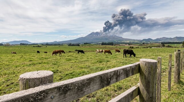Pasture near volcanic eruption, Cattle in open field, Ash plume over countryside, Agricultural risk, Rural resilience stock image