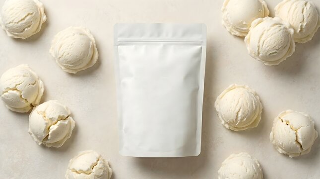 Vanilla beans and empty kraft paper bag on soft neutral surface with natural light