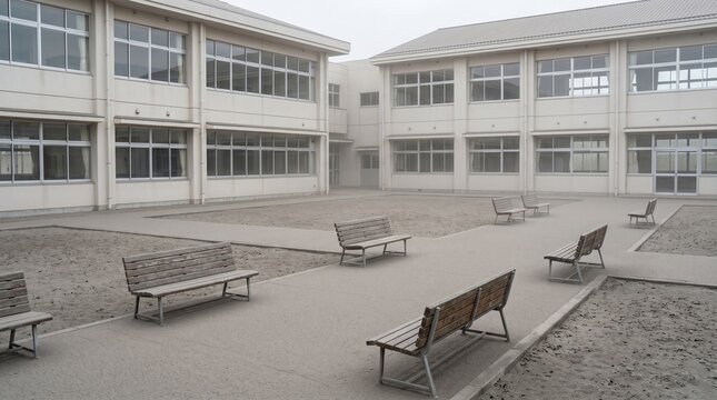 Volcanic ash school courtyard, Empty education campus, Community safety scene, Eruption recovery concept, Clean institutional stock photo