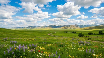 Fototapeta premium Beautiful expansive green grassland covered with colorful wildflowers, rolling hills, a winding country road, and dramatic white clouds against a bright blue sky. Ideal for nature, agriculture,