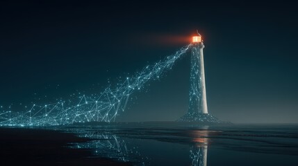 A stunning image of towering lighthouse in a futuristic, digital world. Evolving technology and the potential for progress. A guide, inspiring innovation and leadership towards a. © Shahriar