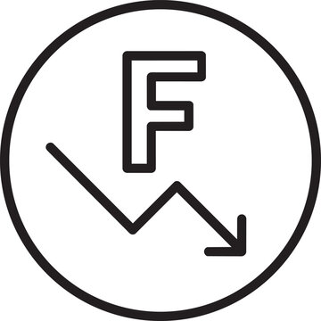 Swiss franc downward arrow trend outline icon vector illustration for financial loss and market crash concept