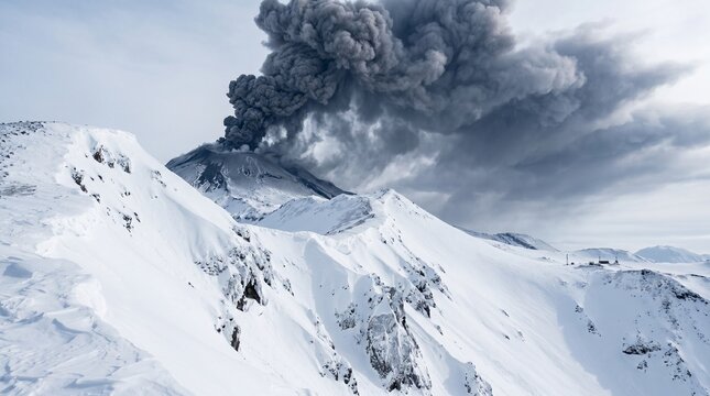 Ash plume over snowy volcano, White mountain disaster landscape, Cold natural hazard, Climate risk concept, Clean panoramic background
