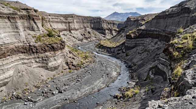 Volcanic ash canyon layers, Stream through gray deposits, Geology education landscape, Eruption aftermath, Natural hazard background
