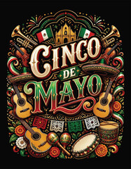 Fototapeta premium Colorful Cinco de Mayo Mariachi Instruments Festival Artwork, Typography T-shirt Vector Design