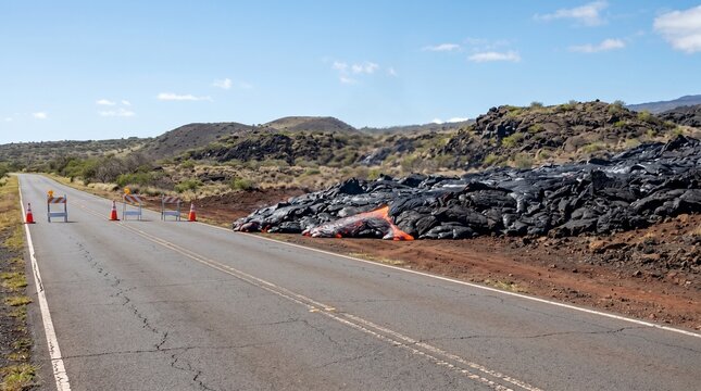 Lava flow near rural road, Empty service route, Volcanic hazard planning, Emergency risk landscape, Clean realistic stock photo