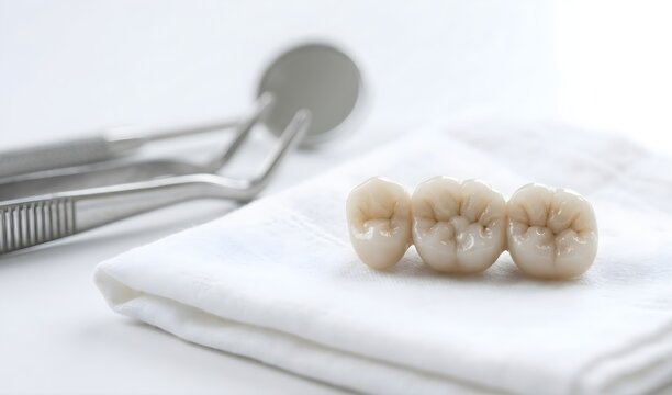 Dental prosthetics three ceramic crowns on white cloth with dental tools