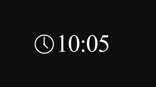 Minimalist digital clock animation counts up seconds from ten to eleven oclock on black background.