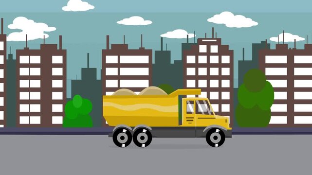 Cartoon style animation of a construction truck passing through the city, Art, 2D.