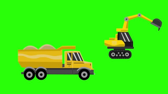 Animation in cartoon style of a truck and an excavator moving on a green background, Art, 2D.