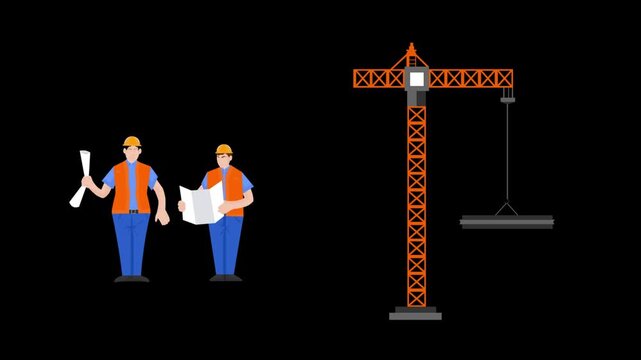Cartoon animation of a crane, a man and a woman workers moving on a green background, Art, 2D.
