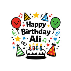 Naklejka premium Festive happy birthday ali illustration with party hats and balloons birthday balloons celebration greeting illustration colorful confetti