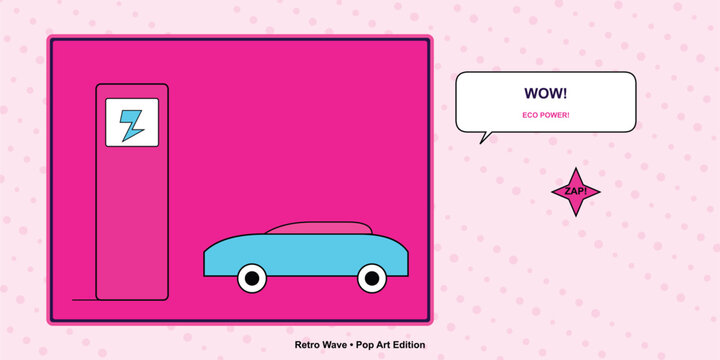Retro pop art illustration of an electric car charging at a station with a speech bubble saying wow eco power and zap