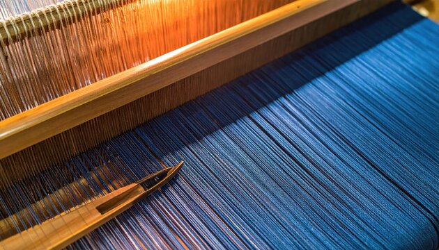 Wooden shuttle and blue threads on a loom, intricate textile creation in progress