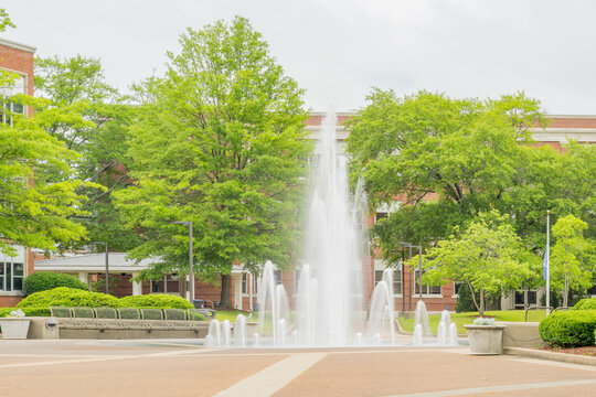 Water fountain in university courtyard with green trees